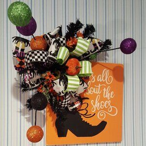 It's All About The Shoes Witch Boot Wall Hanging Decor, Halloween Sign w Ribbon
